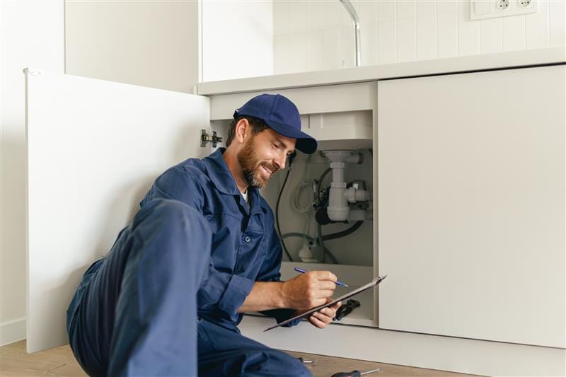 Residential plumber reviewing plumbing repairs in a Bullhead City kitchen