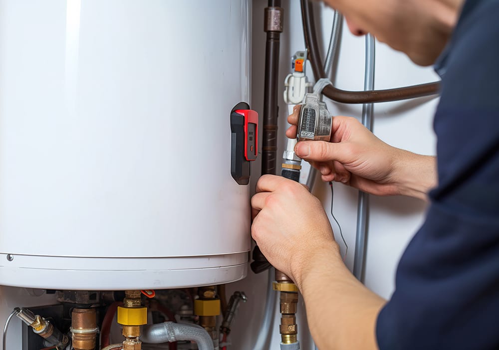 Technician repairing pipes connected to a water heater in Bullhead City